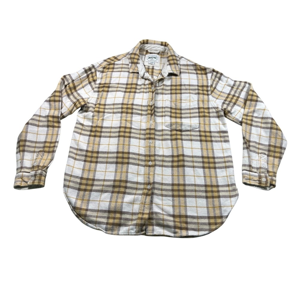 American Eagle Plaid Flannel Shacket XS Button Front Shirt Jacket Cream Brown